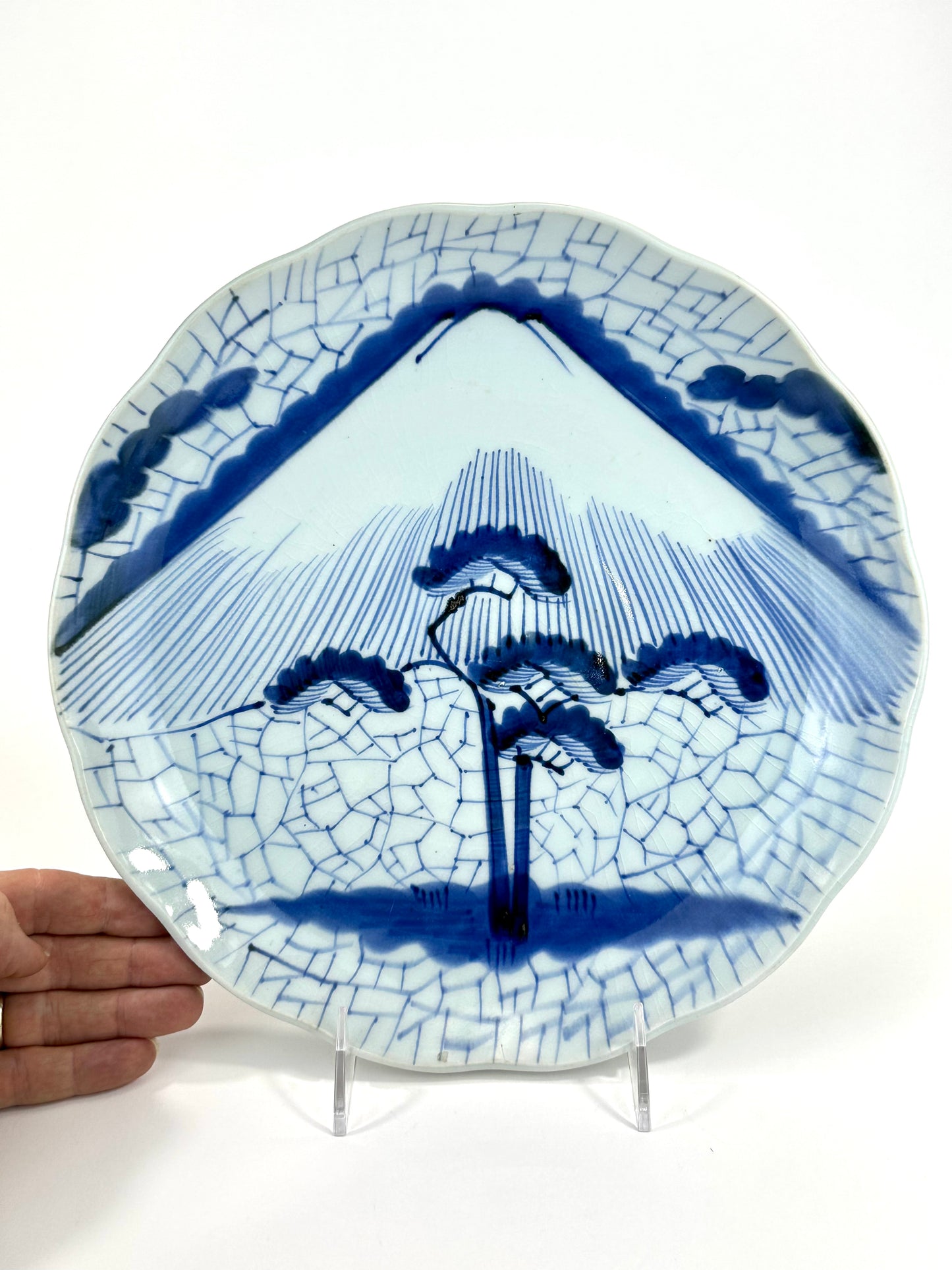 Antique Japanese Late Edo Imari Porcelain Plate with Mount Fuji & Pine Tree 11"