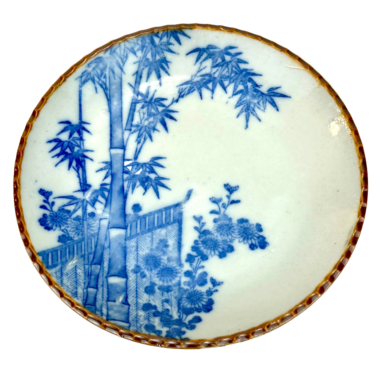 Antique Japanese Imari Blue & White Scalloped Bowl Bamboo Garden Scene 7.25"W