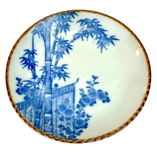 Antique Japanese Imari Blue & White Scalloped Bowl Bamboo Garden Scene 7.25"W