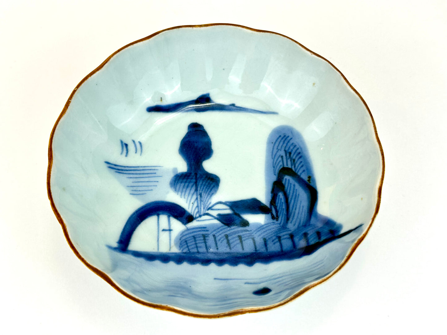 Antique Japanese Imari Scalloped Porcelain Bowl Underglaze Blue Design 6.25"W