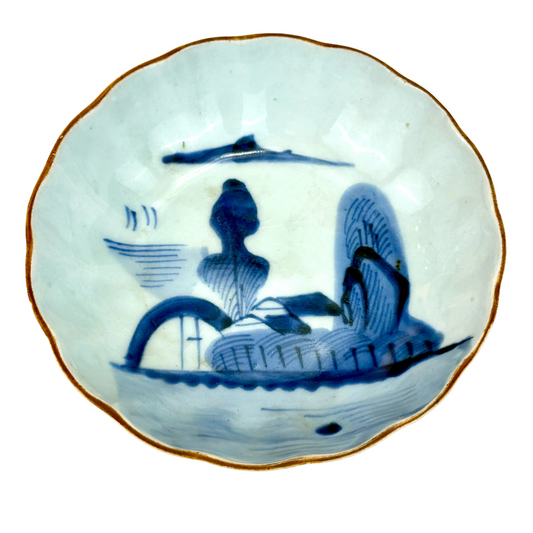 Antique Japanese Imari Scalloped Porcelain Bowl Underglaze Blue Design 6.25"W