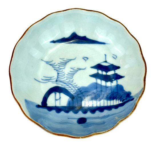Antique Japanese Imari Scalloped Porcelain Bowl with Underglaze Blue Design 6.25"W