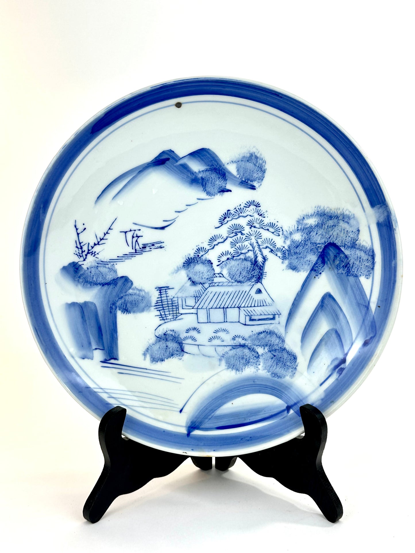 Antique Japanese Meiji Period 19thC Blue & White Porcelain Landscape Plate 11"W