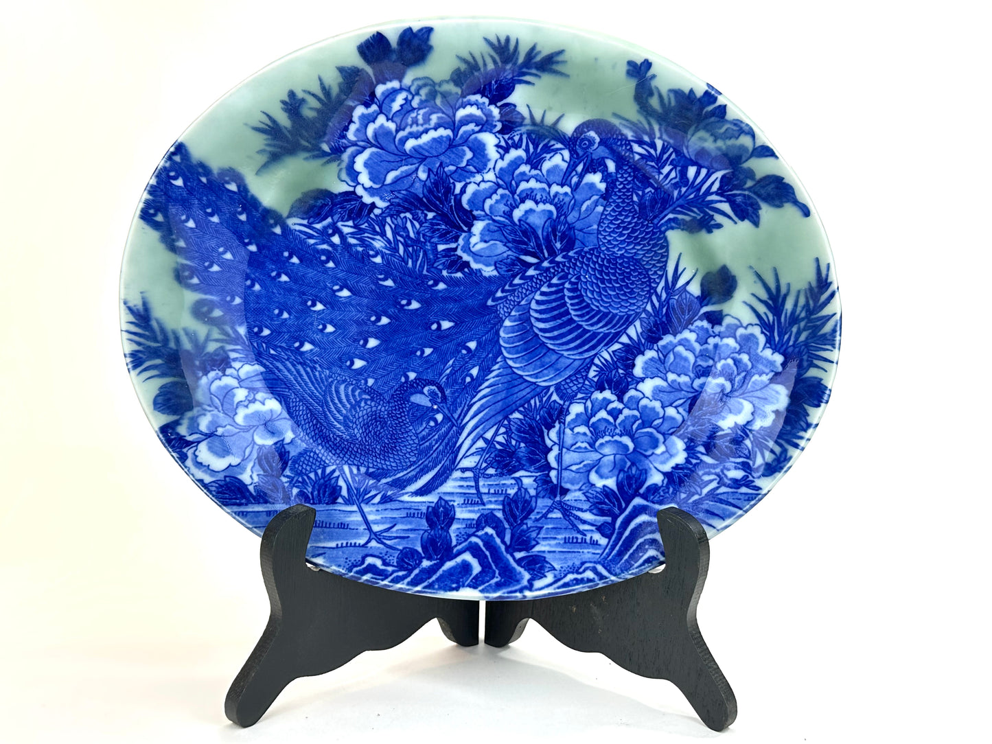 Antique Japanese Meiji Period Blue & Green Porcelain Peacock Plate 11"W