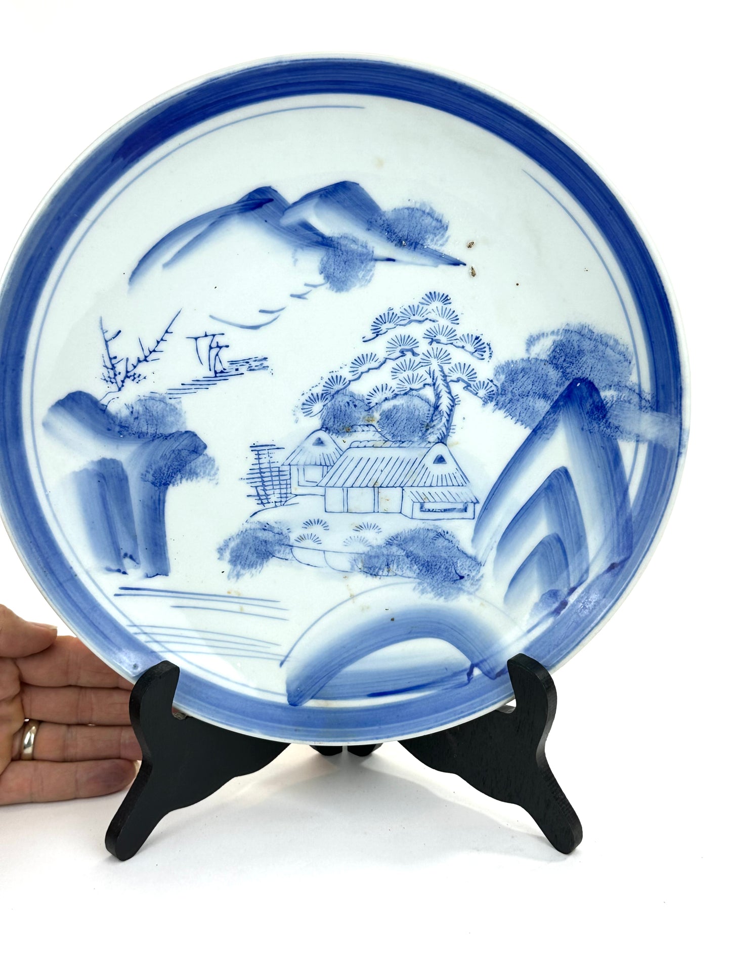 Antique Japanese Meiji Period Blue & White Porcelain Landscape Plate 11"W