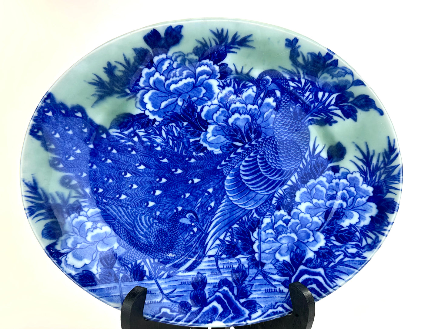 Antique Japanese Meiji Period Blue & Green Porcelain Peacock Plate 11"W