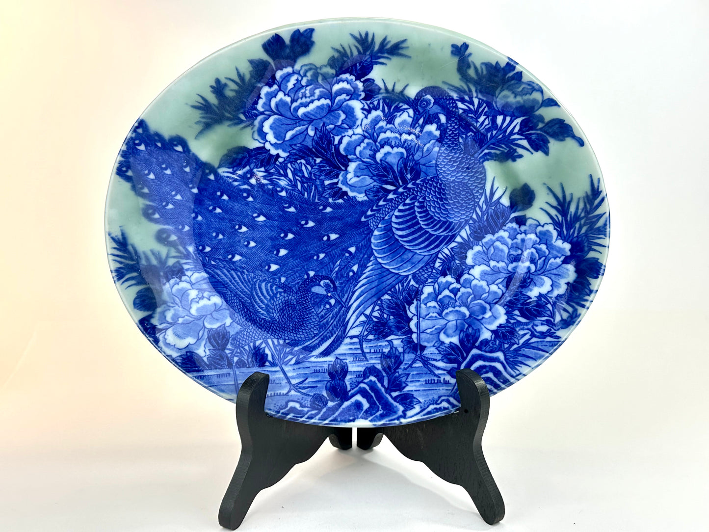 Antique Japanese Meiji Period Blue & Green Porcelain Peacock Plate 11"W