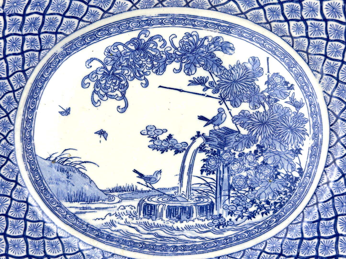 Antique Japanese Meiji Period c1890's Blue & White Porcelain Landscape Plate 12"W
