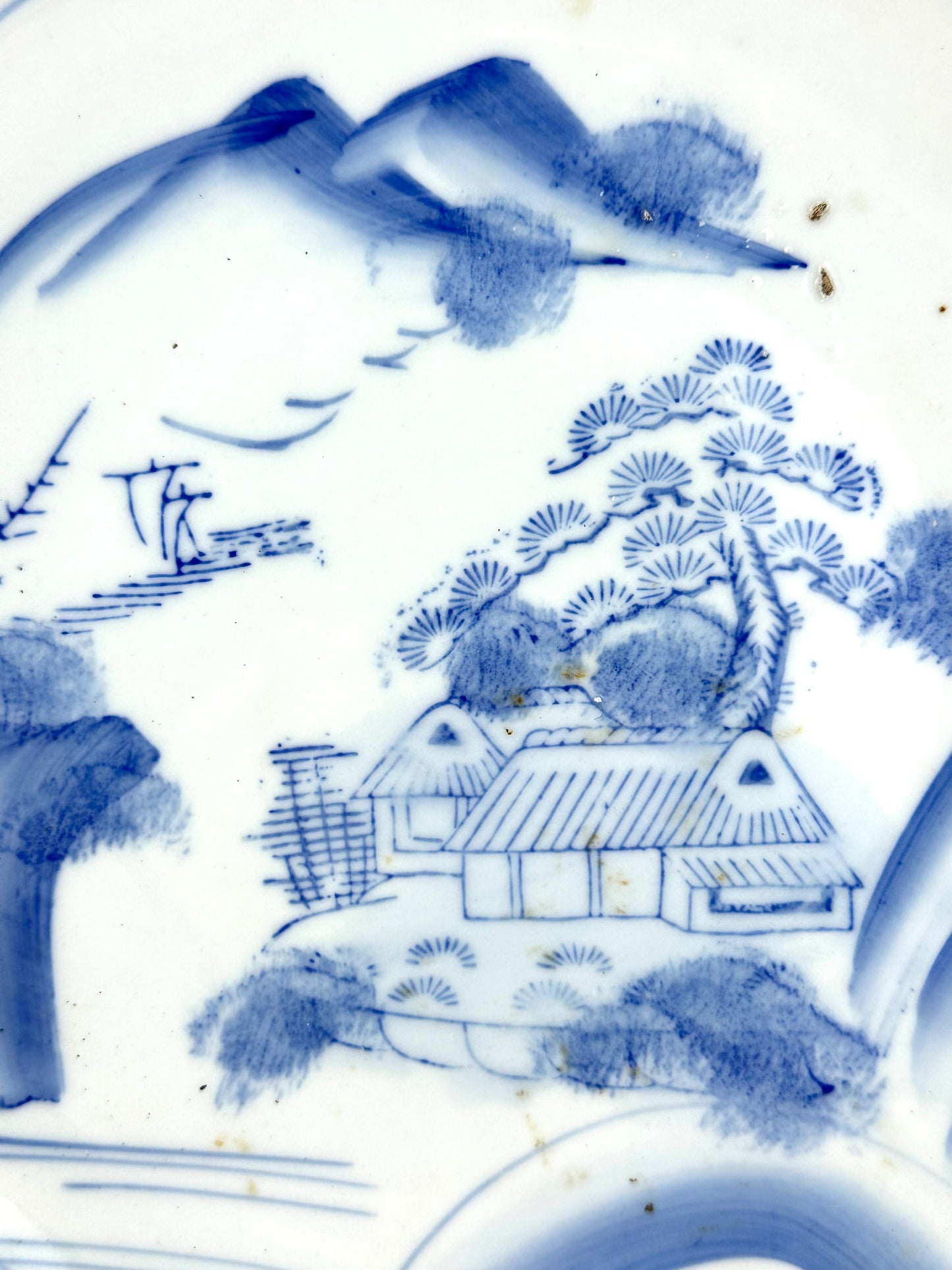 Antique Japanese Meiji Period Blue & White Porcelain Landscape Plate 11"W