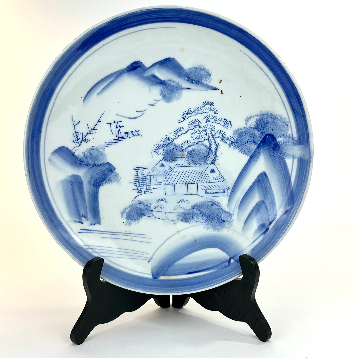 Antique Japanese Meiji Period Blue & White Porcelain Landscape Plate 11"W