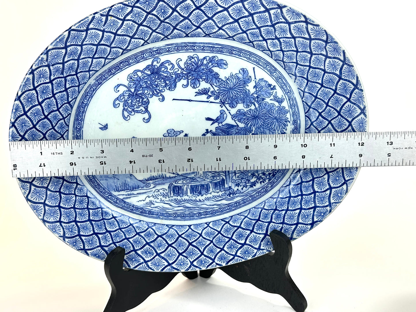 Antique Japanese Meiji Period c1890's Blue & White Porcelain Landscape Plate 12"W
