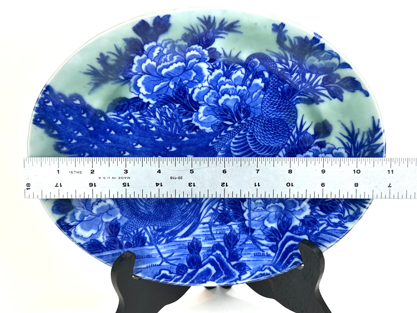 Antique Japanese Meiji Period Blue & Green Porcelain Peacock Plate 11"W
