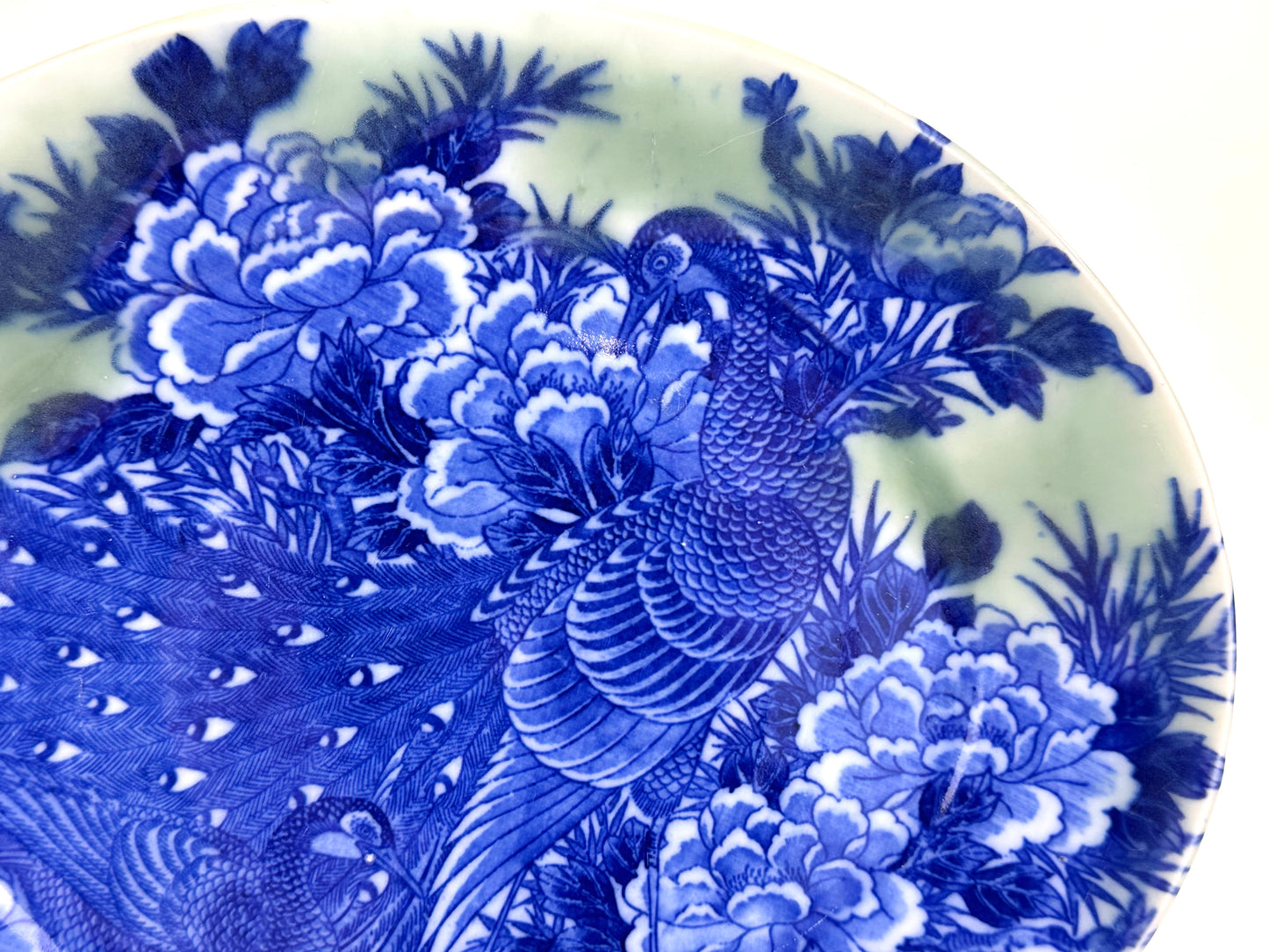 Antique Japanese Meiji Period Blue & Green Porcelain Peacock Plate 11"W
