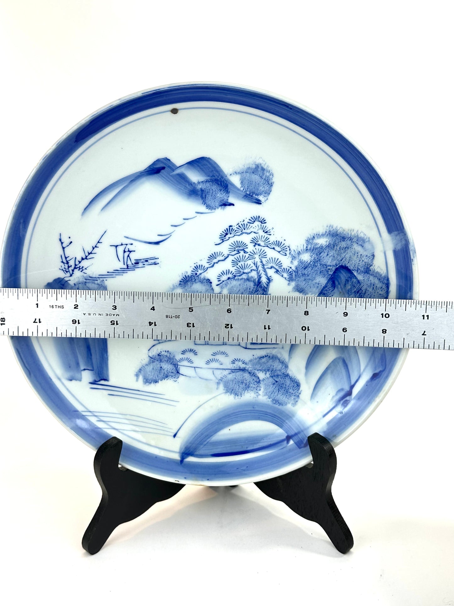 Antique Japanese Meiji Period 19thC Blue & White Porcelain Landscape Plate 11"W