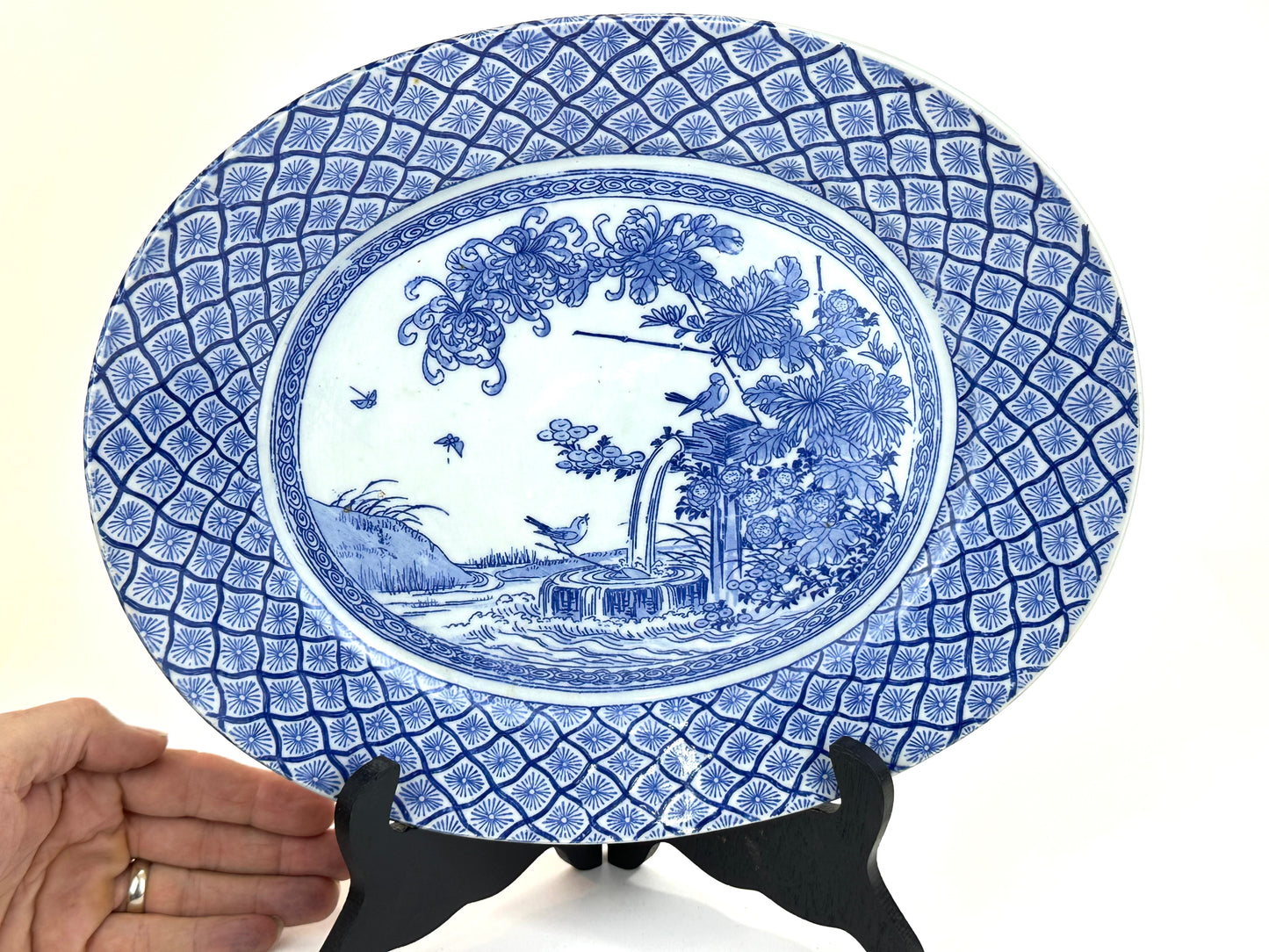 Antique Japanese Meiji Period c1890's Blue & White Porcelain Landscape Plate 12"W