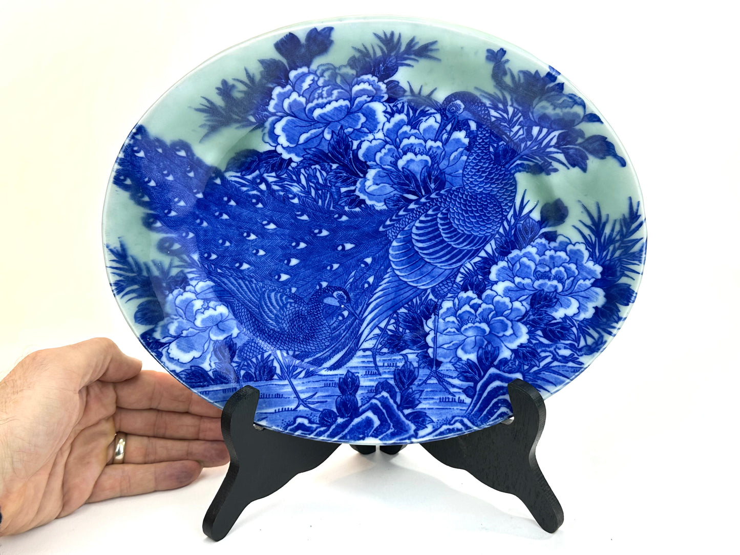 Antique Japanese Meiji Period Blue & Green Porcelain Peacock Plate 11"W