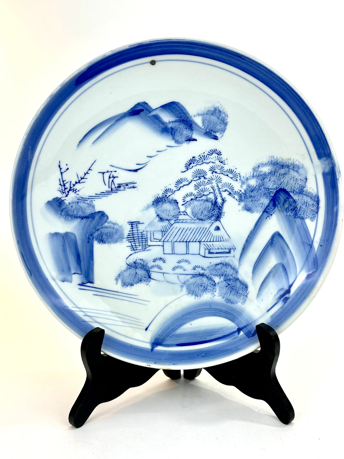 Antique Japanese Meiji Period 19thC Blue & White Porcelain Landscape Plate 11"W