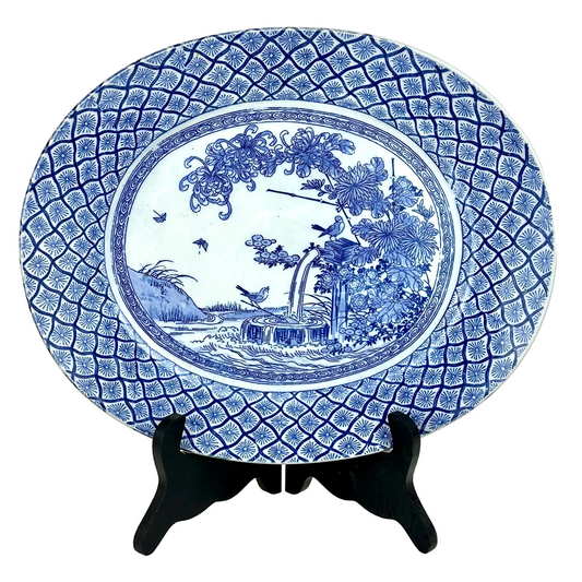 Antique Japanese Meiji Period c1890's Blue & White Porcelain Landscape Plate 12"W