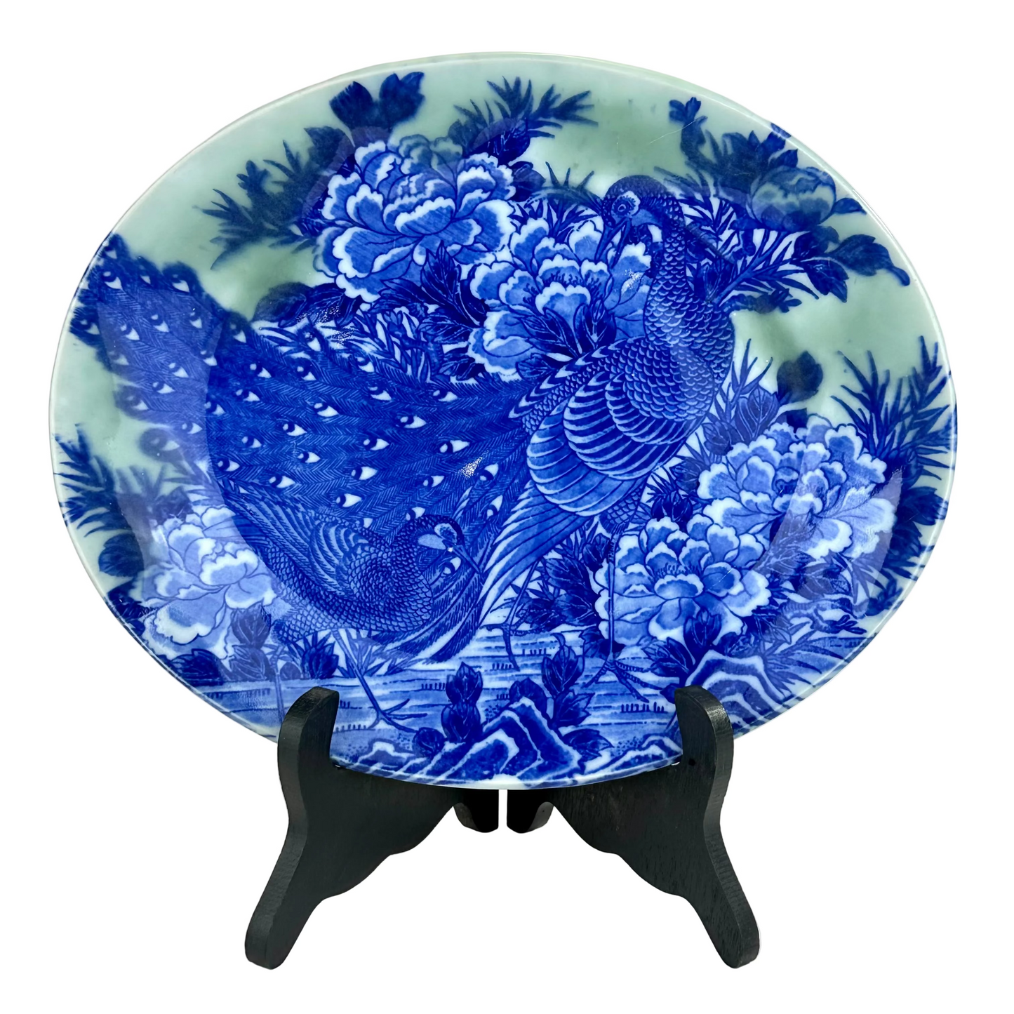 Antique Japanese Meiji Period Blue & Green Porcelain Peacock Plate 11"W