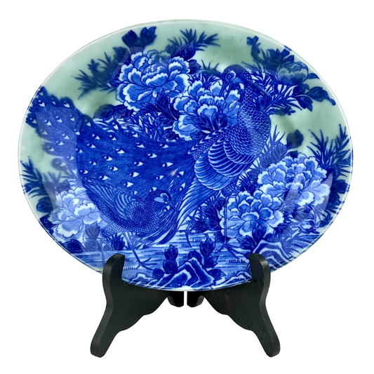 Antique Japanese Meiji Period Blue & Green Porcelain Peacock Plate 11"W