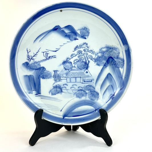 Antique Japanese Meiji Period 19thC Blue & White Porcelain Landscape Plate 11"W