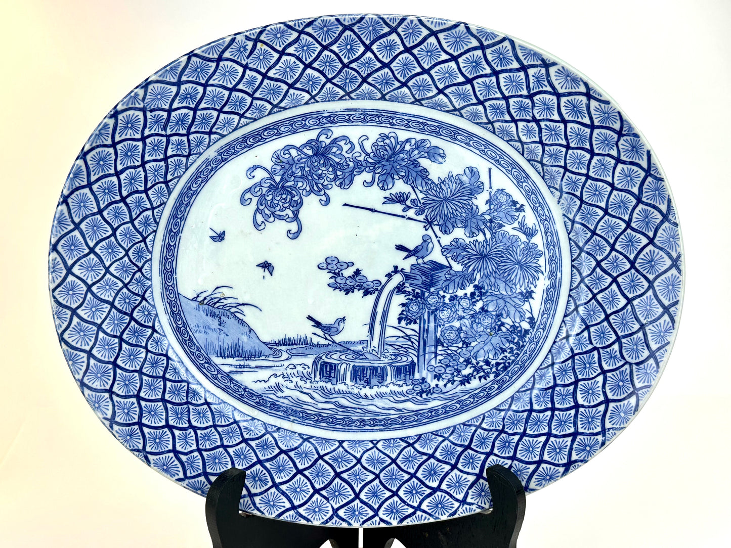 Antique Japanese Meiji Period c1890's Blue & White Porcelain Landscape Plate 12"W