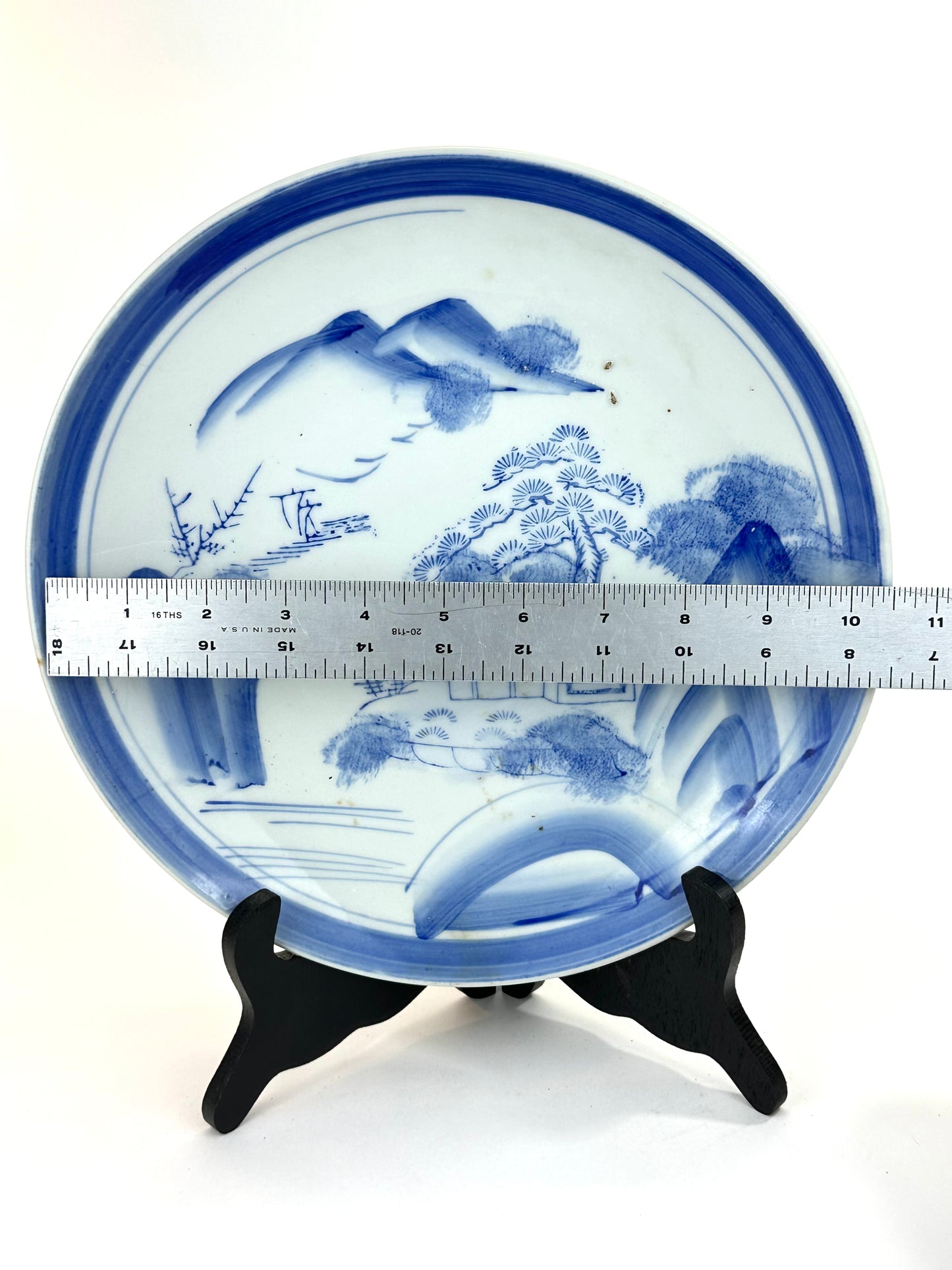 Antique Japanese Meiji Period Blue & White Porcelain Landscape Plate 11"W