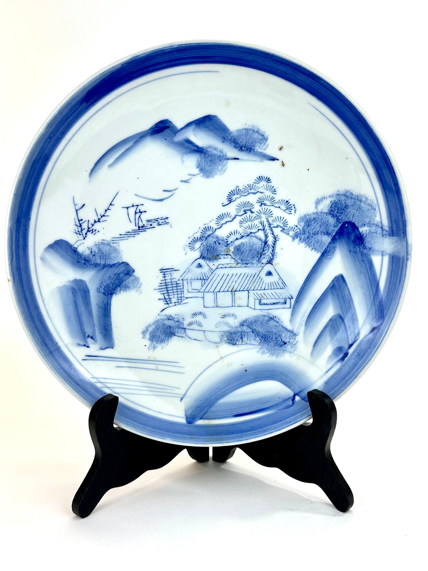 Antique Japanese Meiji Period Blue & White Porcelain Landscape Plate 11"W