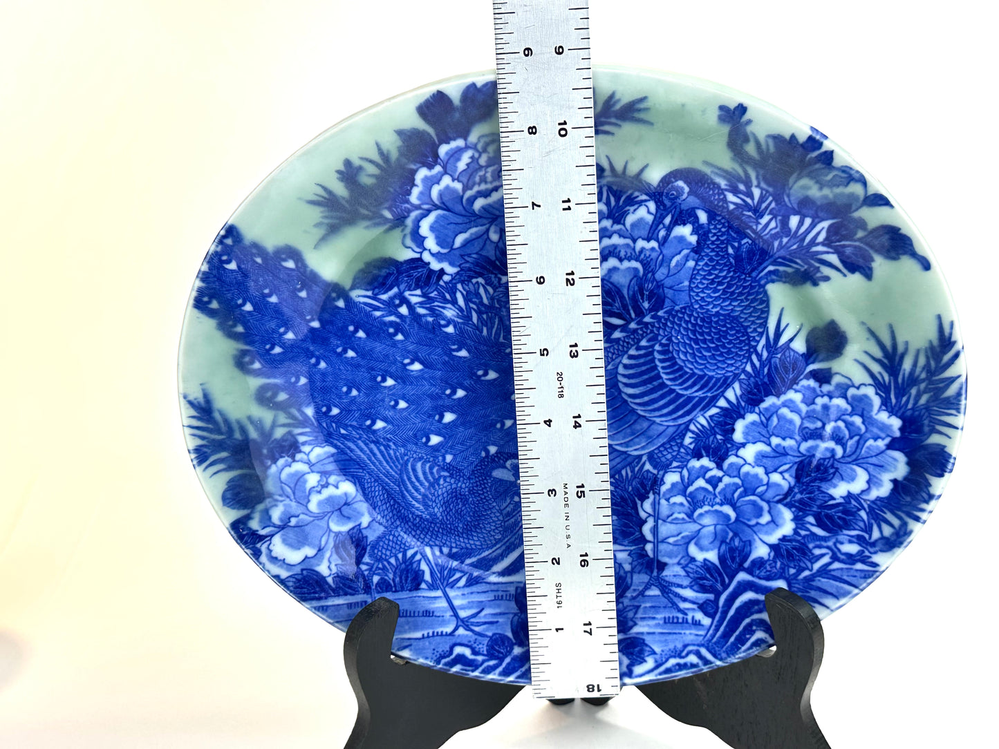 Antique Japanese Meiji Period Blue & Green Porcelain Peacock Plate 11"W