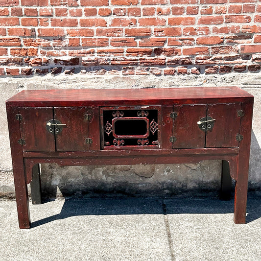 Antique Chinese Qing Red Lacquer Low Sideboard Cabinet Pierced Panel 62"W LS#150
