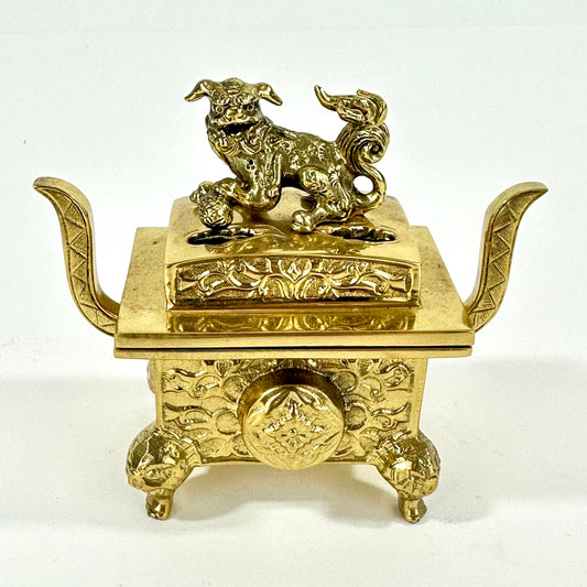Antique Japanese Gilt Bronze Koro Incense Burner Shishi Lion Finial ~4"W