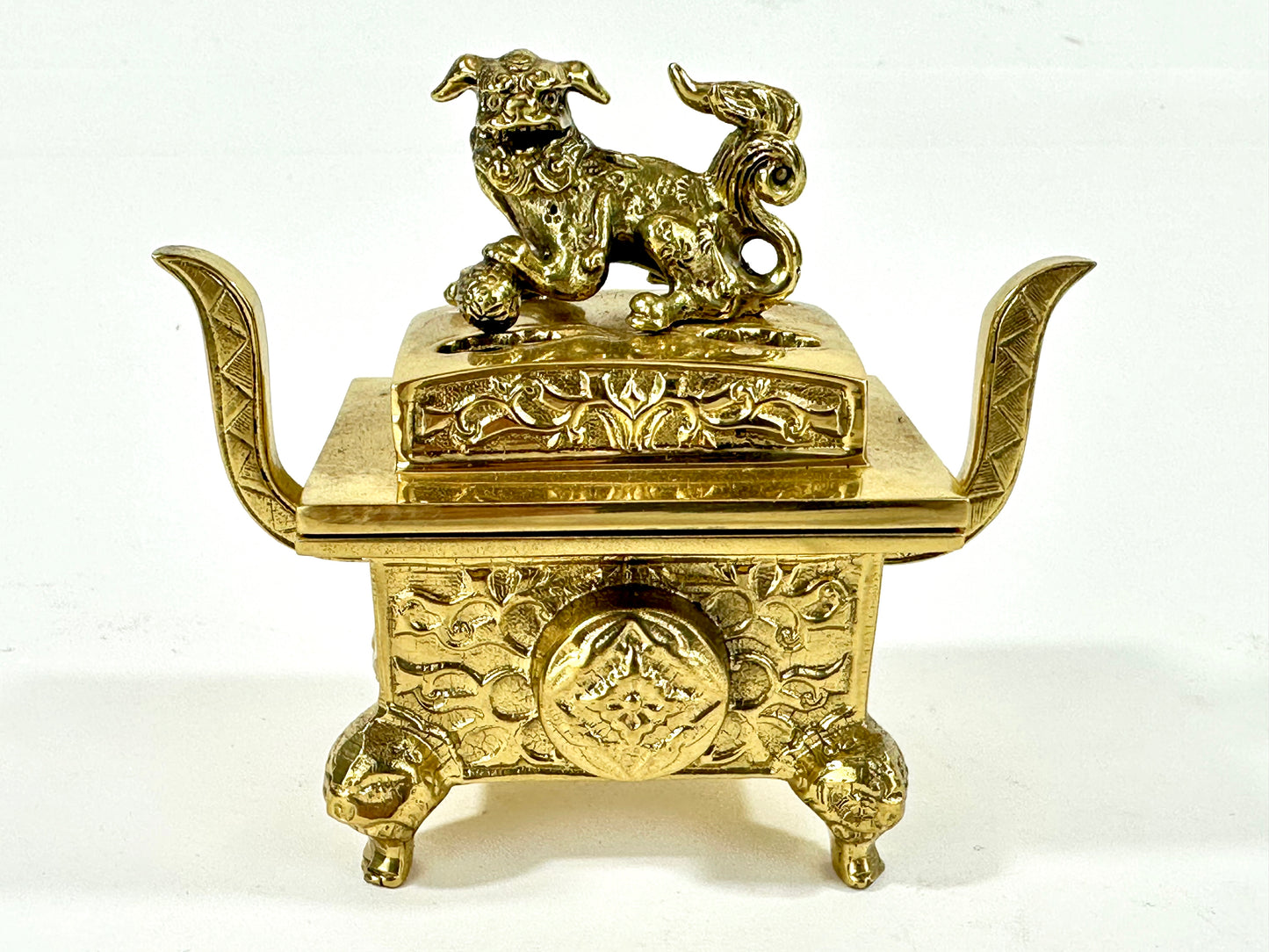 Antique Japanese Gilt Bronze Koro Incense Burner Shishi Lion Finial ~4"W