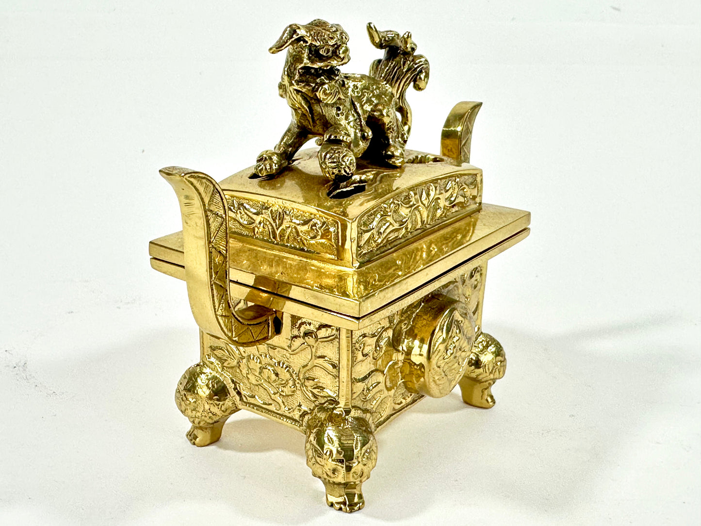 Antique Japanese Gilt Bronze Koro Incense Burner Shishi Lion Finial ~4"W
