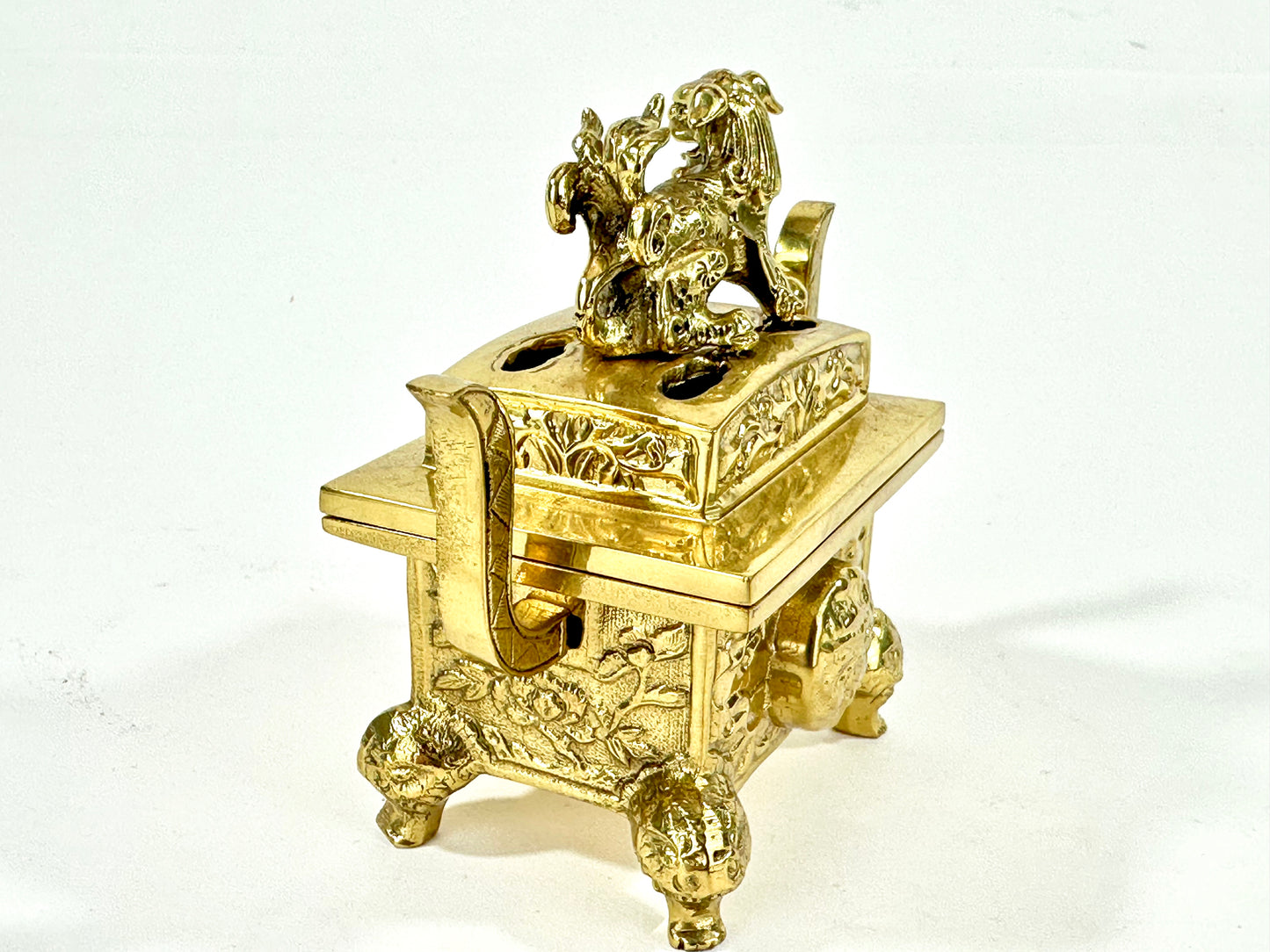 Antique Japanese Gilt Bronze Koro Incense Burner Shishi Lion Finial ~4"W