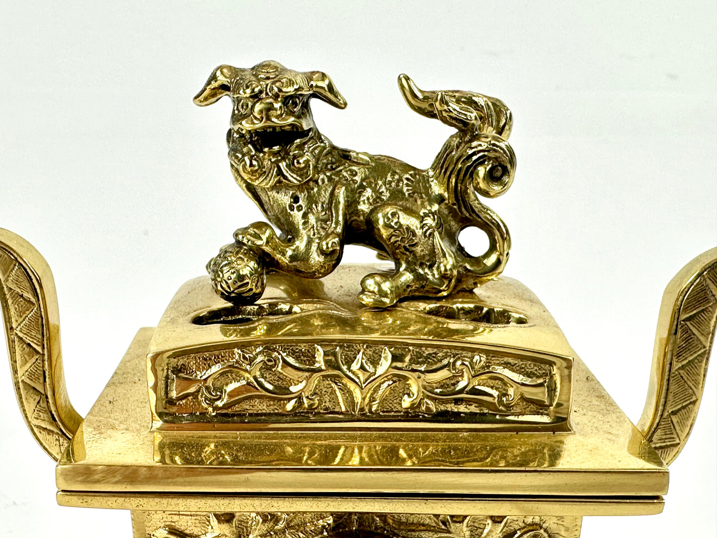 Antique Japanese Gilt Bronze Koro Incense Burner Shishi Lion Finial ~4"W