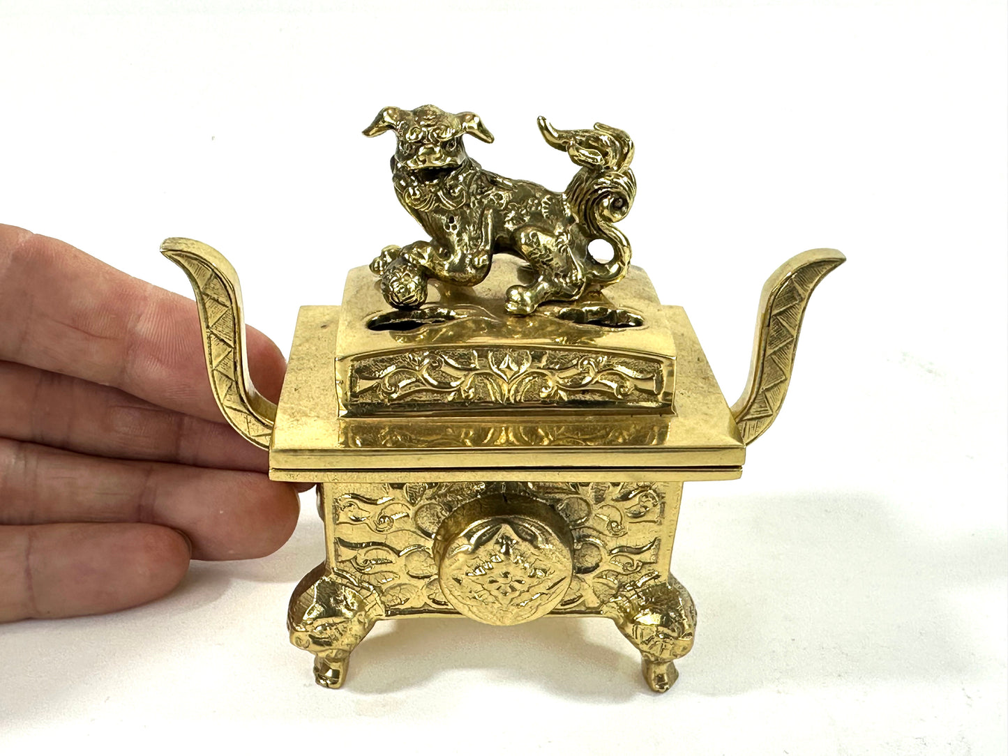Antique Japanese Gilt Bronze Koro Incense Burner Shishi Lion Finial ~4"W