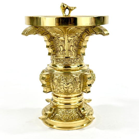 Antique Japanese Gilt Bronze Butsudan Vase Buddhist Ritual Offering Vessel 4"H
