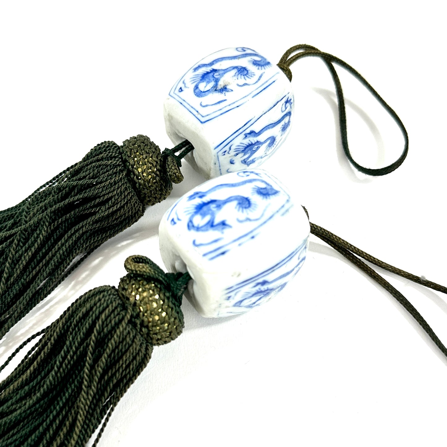 Vintage Japanese Fuchin Scroll Weights Blue White Porcelain Barrel Bead Tassel 4cm