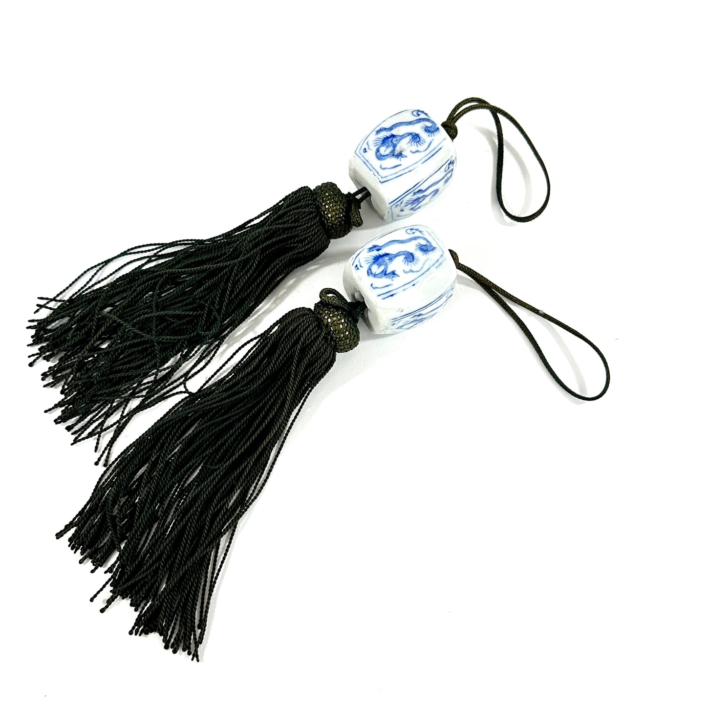Vintage Japanese Fuchin Scroll Weights Blue White Porcelain Barrel Bead Tassel 4cm