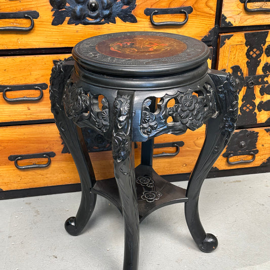 Chinese Carved Hardwood Plant/Vase Stand Lacquered Top w/ Dragon Medallion 24"H