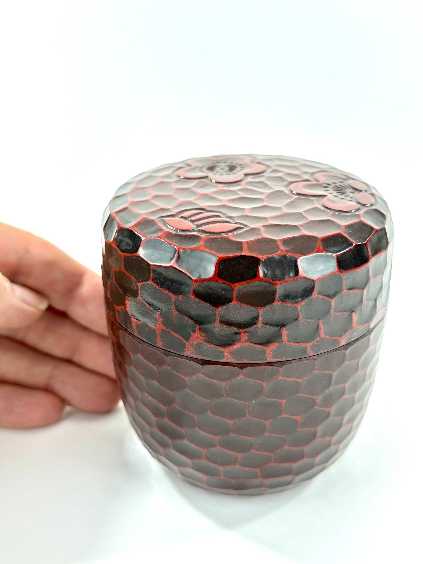 Japanese Kamakurabori Carved O-Natsume Lacquer Plum Blossom Motif 4"H