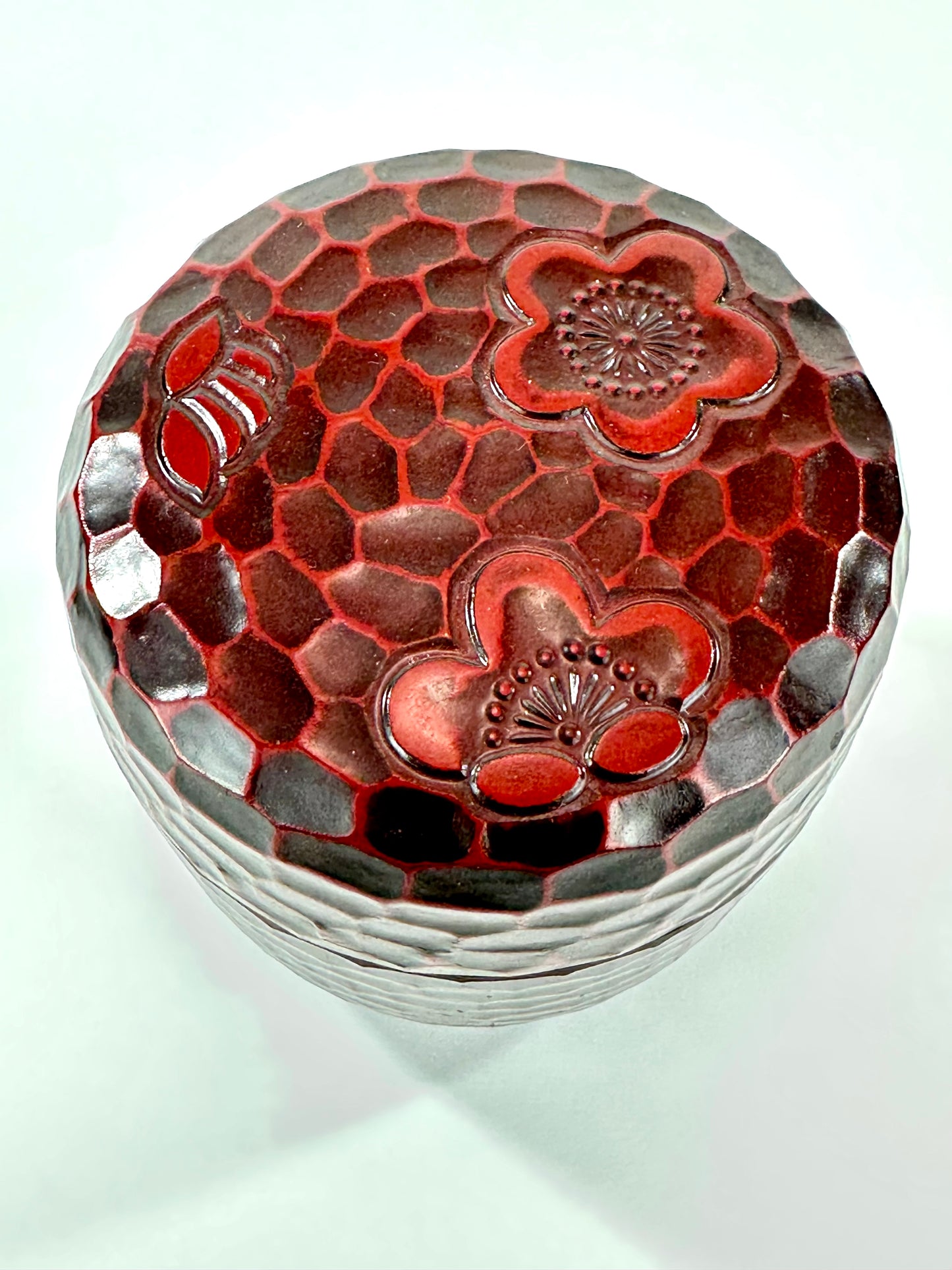Japanese Kamakurabori Carved O-Natsume Lacquer Plum Blossom Motif 4"H