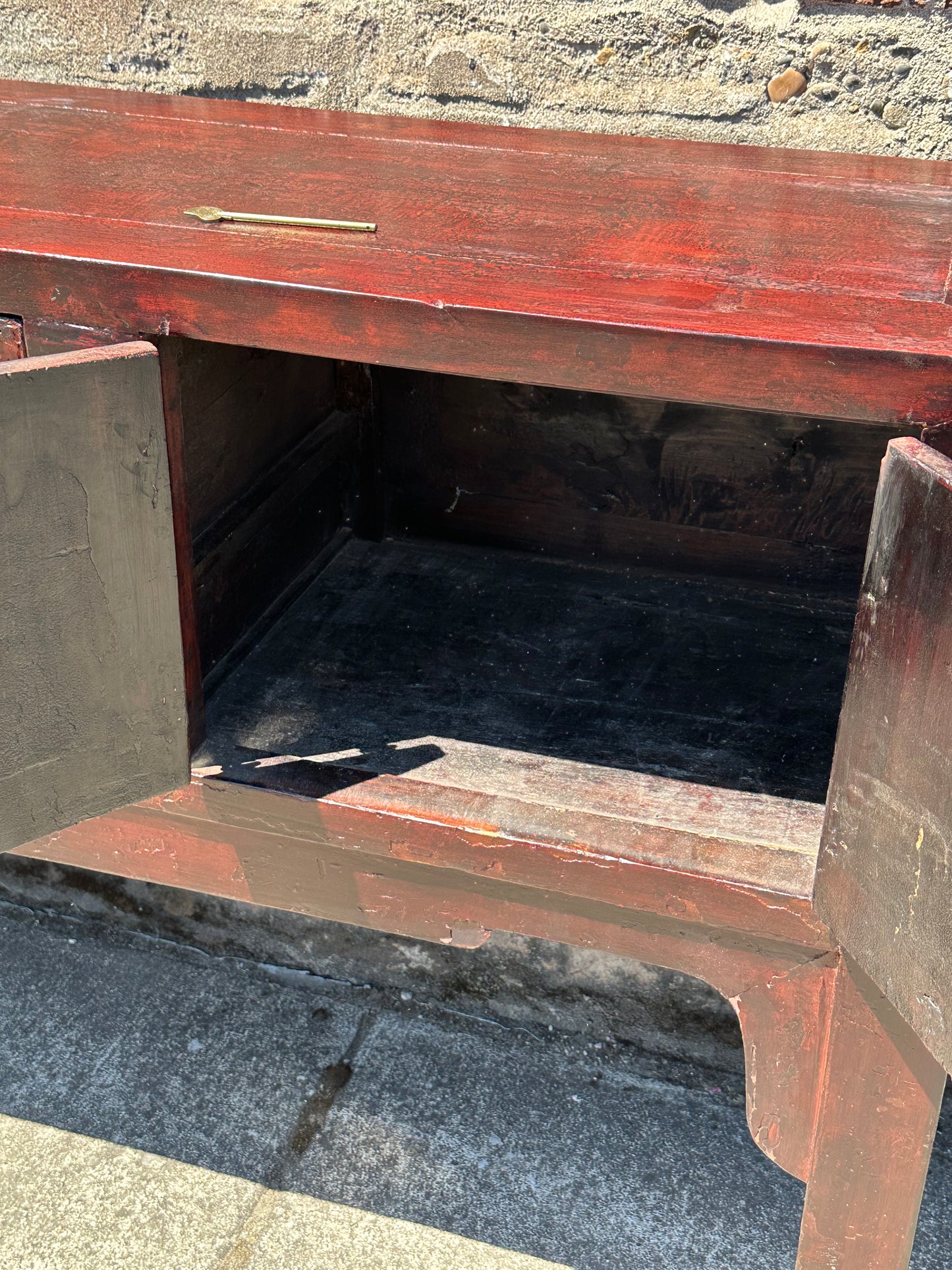 Antique Chinese Qing Red Lacquer Low Sideboard Cabinet Pierced Panel 62"W LS#150