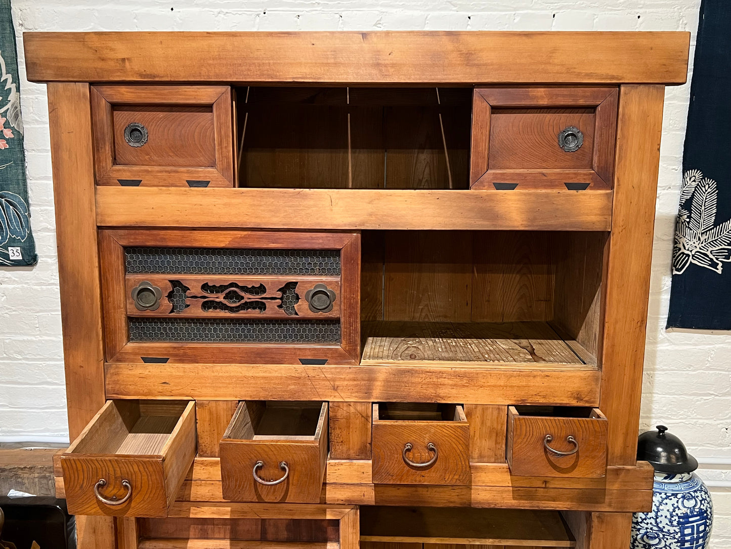 Antique Japanese Kitchen Tansu Meiji Era c1890's Keyaki & Sugi Wood Tansu Chest 48"W