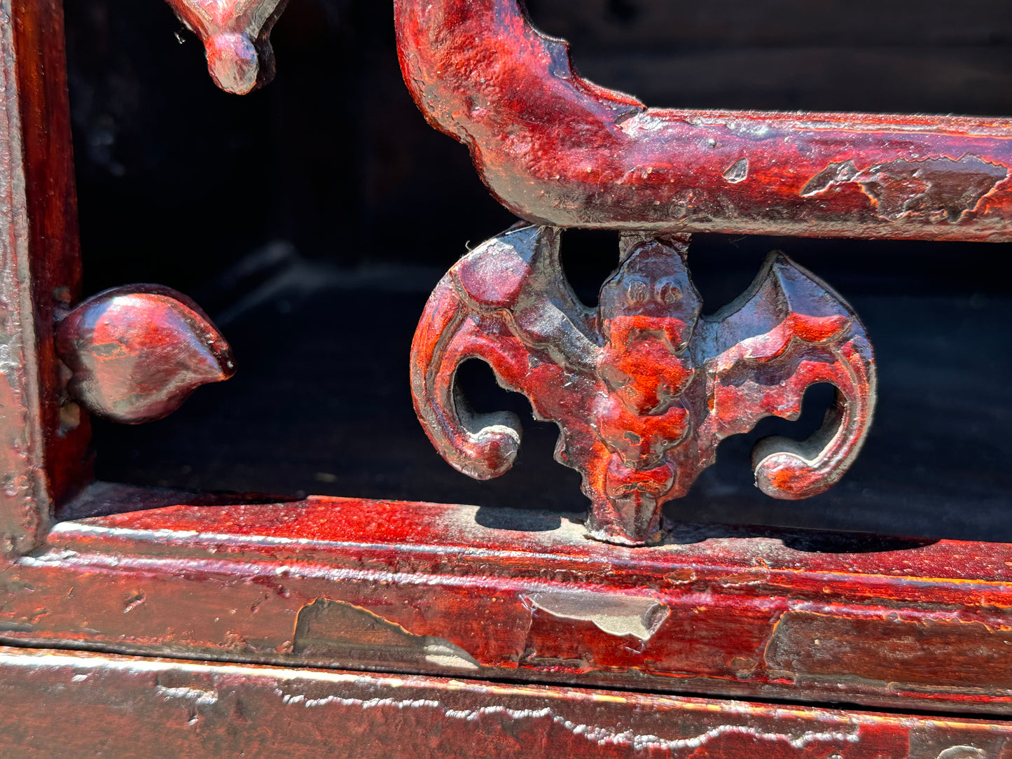 Antique Chinese Qing Red Lacquer Low Sideboard Cabinet Pierced Panel 62"W LS#150