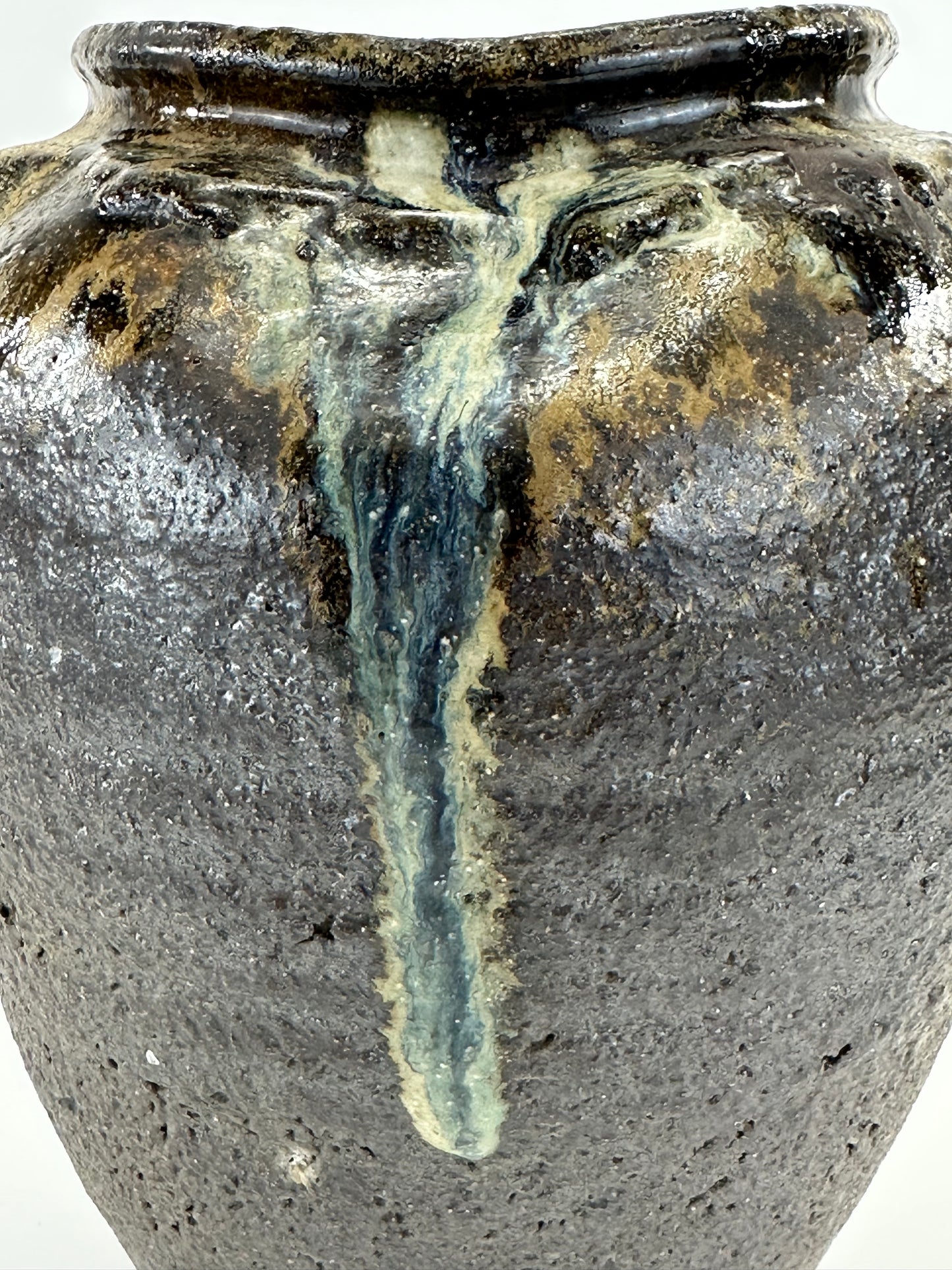 Vintage Japanese Stoneware Vase with Natural Ash Glaze Drips 10.5"H