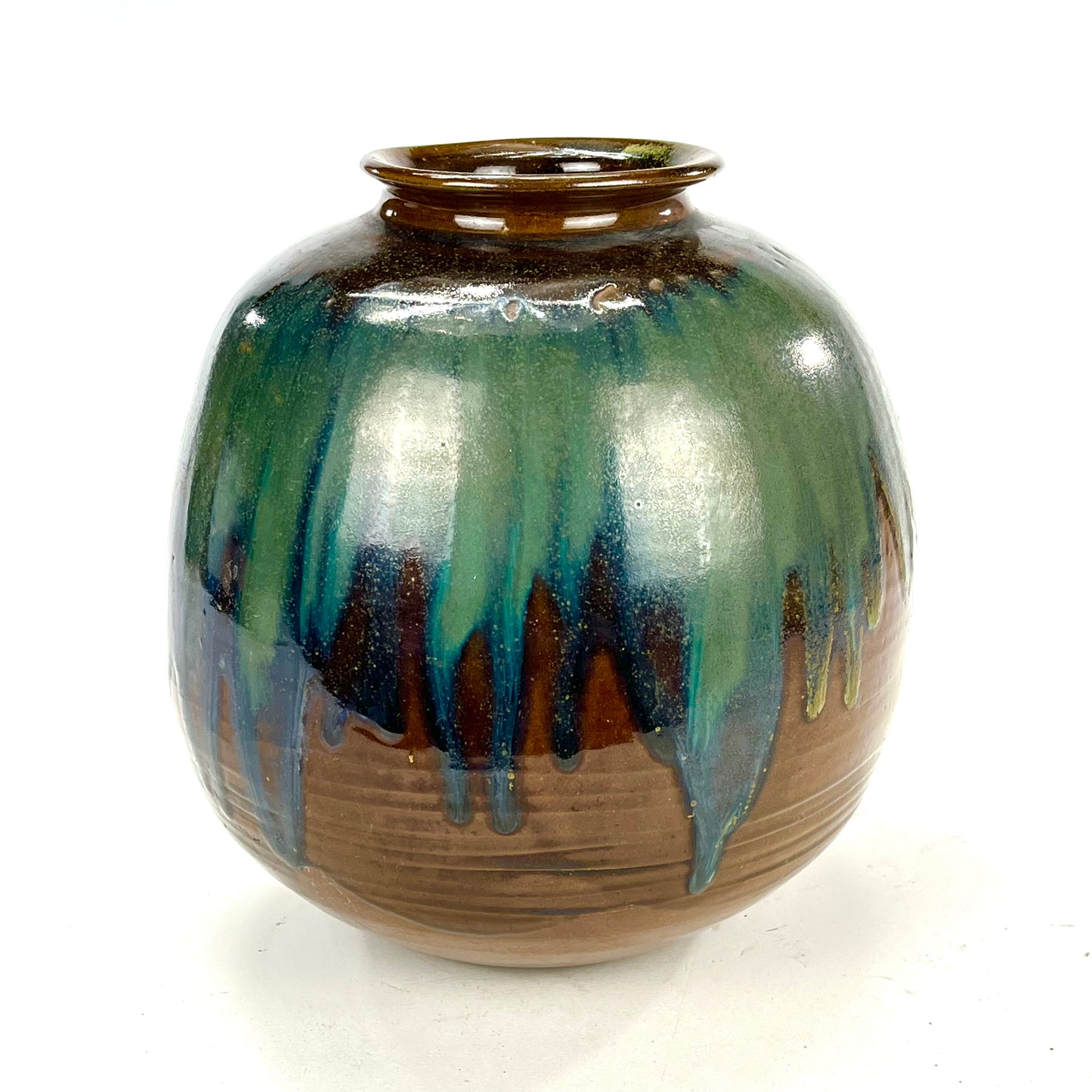 Vintage Japanese Tsubo Urn Vase Green & Blue Drip Glaze 11"