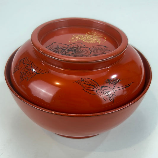 Japanese Showa 36 (1962) Red Lacquer & Makie Wooden Lidded Soup / Rice Bowl