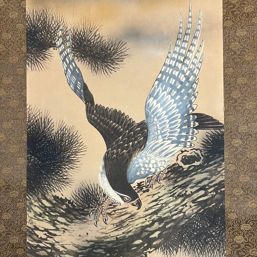 Japanese Vintage Scroll Kakejiku Hand Painted Showa Era Falcon & Mt Fuji 73"