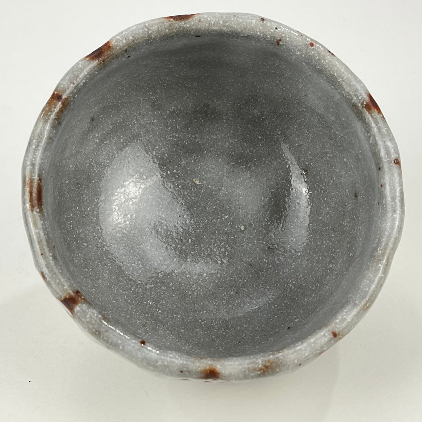 Signed Tea Ceremony Chawan Tea Bowl Gray Orange Peel glaze w/ Kanji in White 5”